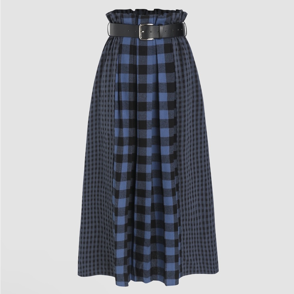 Cider High Waist Plaid Patchy Maxi Skirt in blue
